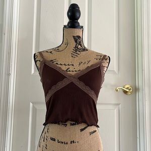 Brown Lace Trim Cropped Tank